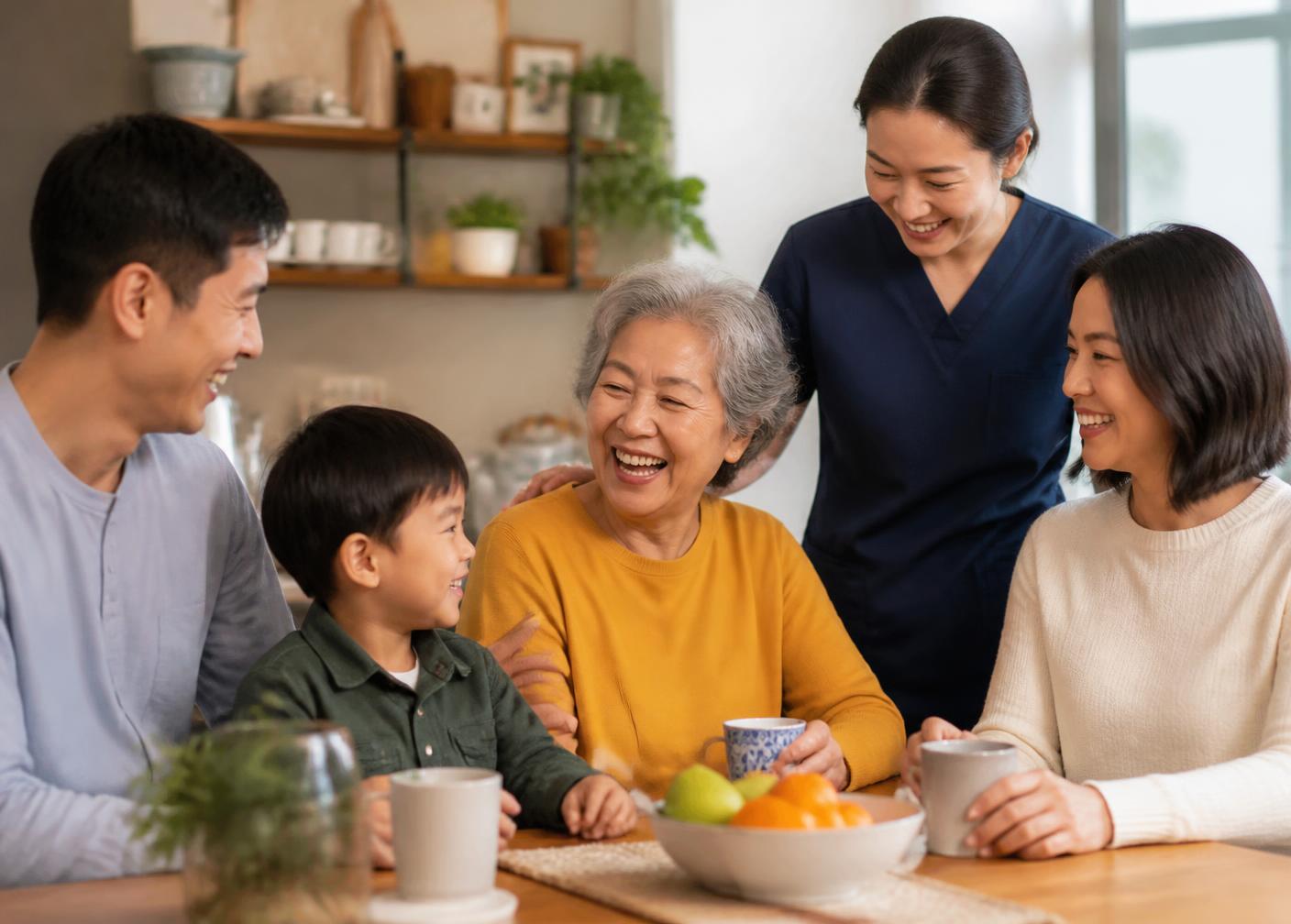 A caregiver and family laughing together with an older woman at a kitchen table