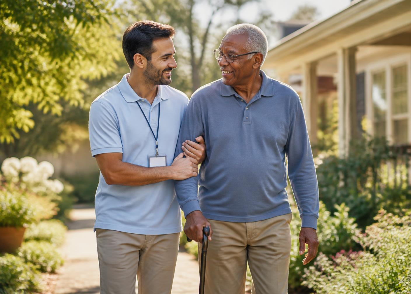 A caregiver walking beside an older gentleman along a sunny garden path